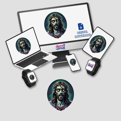 Jesus Christ As A Zombie artwork displayed on a computer monitor and laptop, illustrating a cartoon zombie face. Available as stickers or digital artwork from Decal Venue.