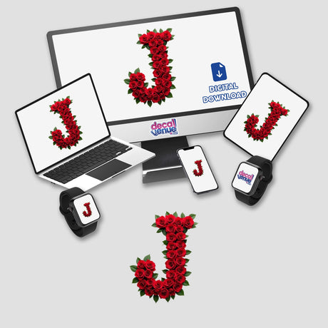 Elegant Floral Letter J Clipart - Downloadable Sticker with Commercial Rights: A computer, laptop, tablet, and phone displaying a letter J made of roses on their screens.