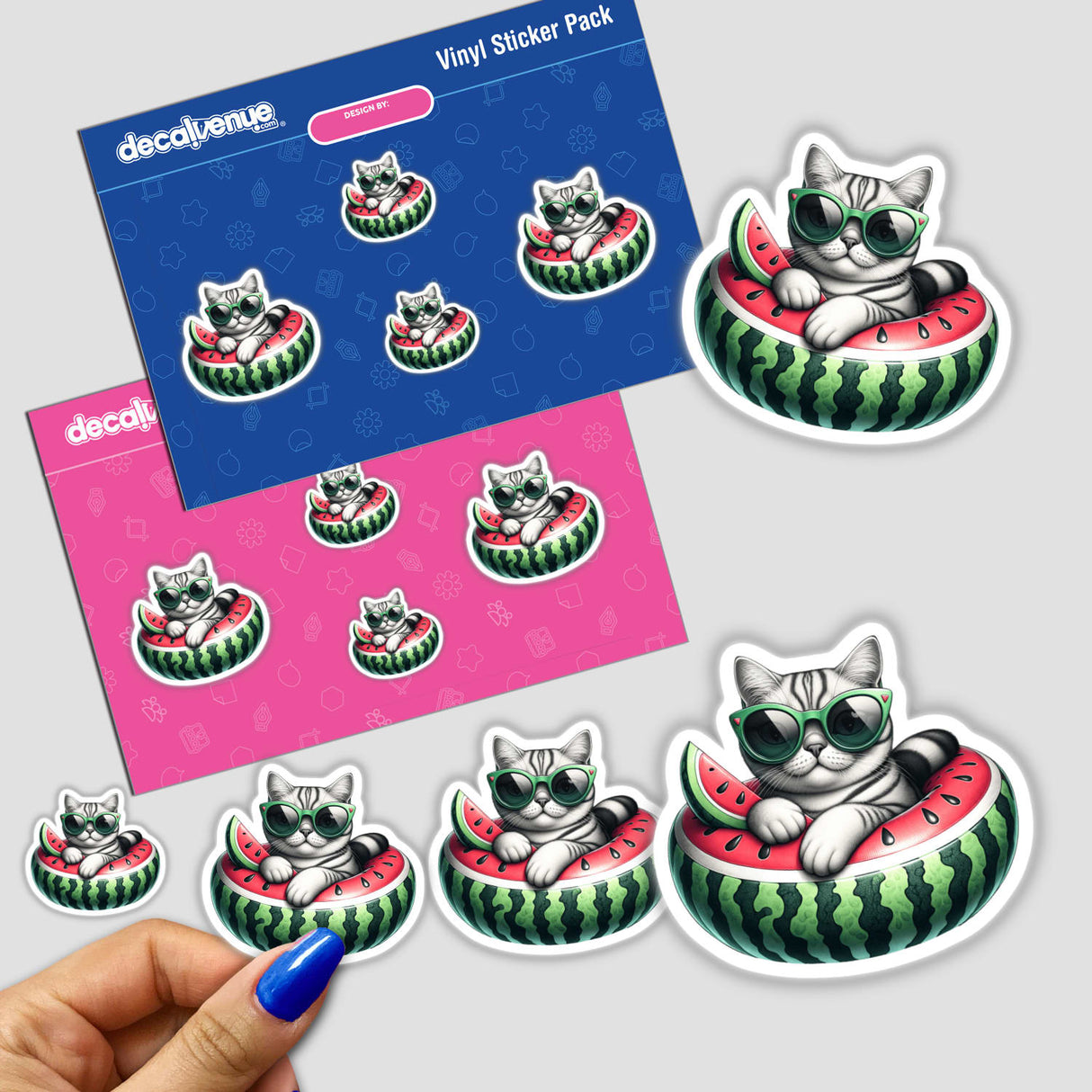 Cool cat on watermelon pool float vinyl stickers, digital artwork created by talented designers at DecalVenue to express your unique style.