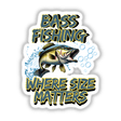 Bass Fishing sticker or digital artwork featuring a fish with its mouth open, accompanied by bubbles, and bold blue and yellow text elements.