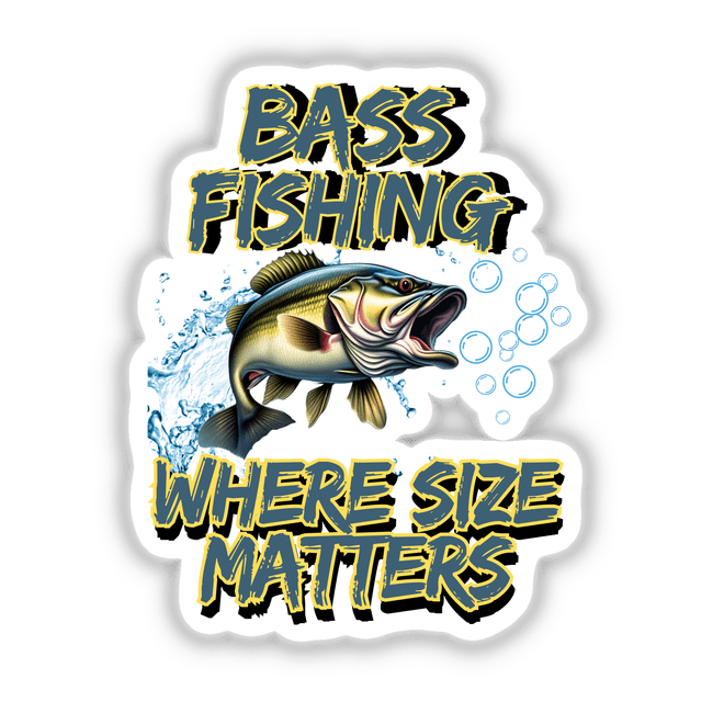 Bass Fishing sticker or digital artwork featuring a fish with its mouth open, accompanied by bubbles, and bold blue and yellow text elements.