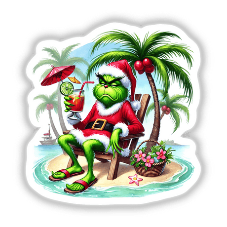 Green Grouch Tropical Santa Relaxing on Beach illustration features a green cartoon character in a Santa hat, lounging with a drink on a beach chair. Available as stickers or digital artwork.