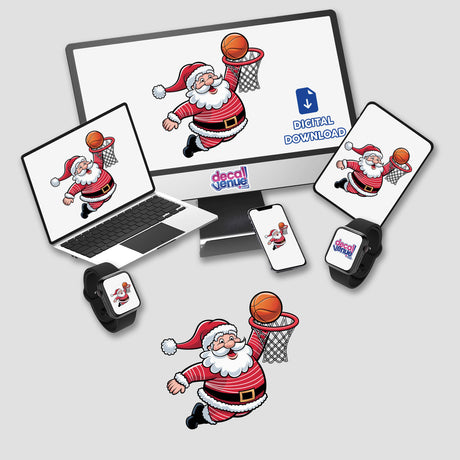 Santa Claus Basketball Hoops digital artwork featuring Santa playing basketball, displayed on a computer monitor and laptop. Available as stickers or digital art from Decal Venue.