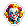 A Crazy Clown Girl cartoon illustration, featuring a whimsical clown face with exaggerated eyes and nose, available as stickers or digital artwork from Decal Venue.