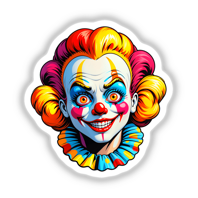 A Crazy Clown Girl cartoon illustration, featuring a whimsical clown face with exaggerated eyes and nose, available as stickers or digital artwork from Decal Venue.