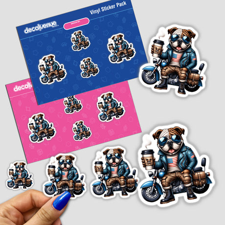 Patriotic bulldog riding a motorcycle and holding a coffee cup, featured in a digital artwork sticker pack from DecalVenue's unique sticker and digital art collection.