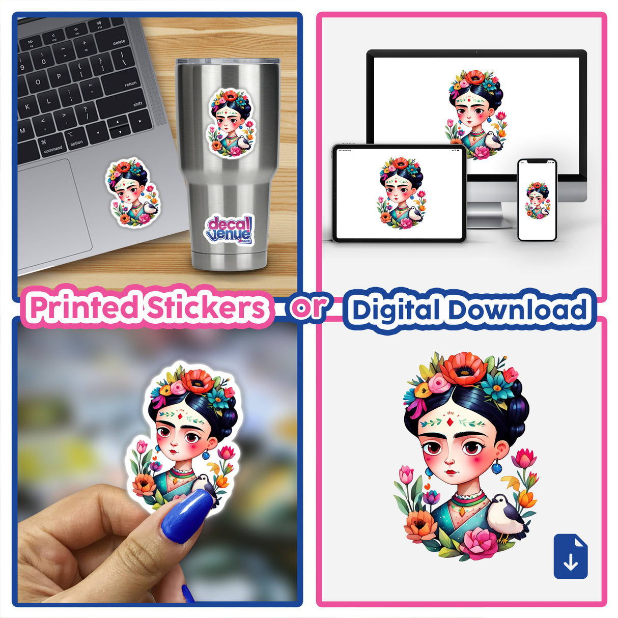 Frida-Inspired Floral Portrait Sticker - Vibrant Botanical Artistic Design featuring a woman with flowers in her hair, displayed on various items including a laptop, cup, and hand, highlighting its versatile use.