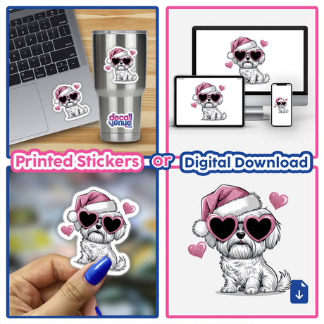 Collage featuring the Christmas Santa Pink Glitter Maltese Dog in heart-shaped sunglasses and Santa hat, available as stickers or digital artwork from Decal Venue.