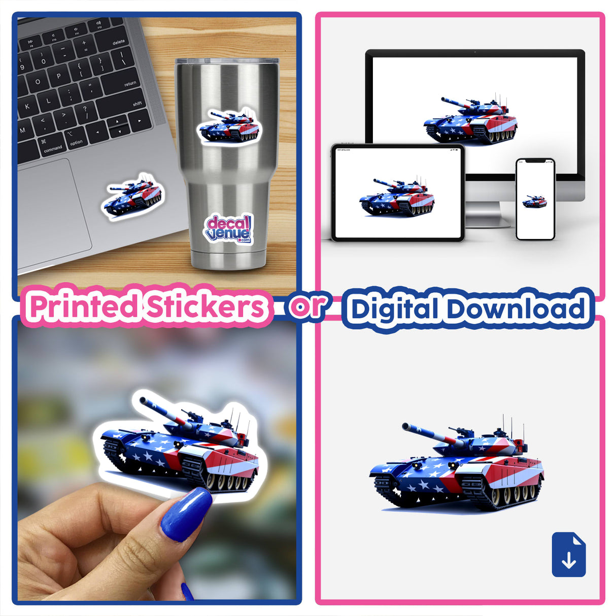 A Cool American Flag Army Tank sticker or digital artwork, featuring a tank intricately designed with stars and stripes. Perfect for enthusiasts of unique stickers and digital art from Decal Venue.