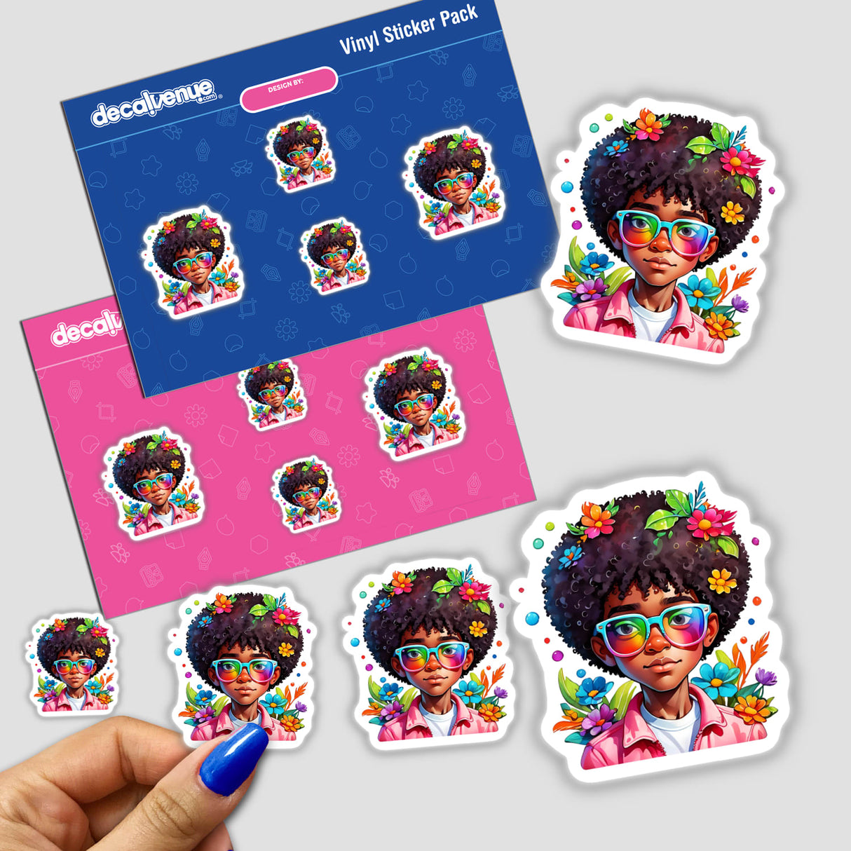 Sticker pack featuring Trendy Afro Boy with Cool Glasses: Rainbow Floral Splash cartoon character. The set includes additional cartoon figures and floral elements, emphasizing unique and colorful designs.