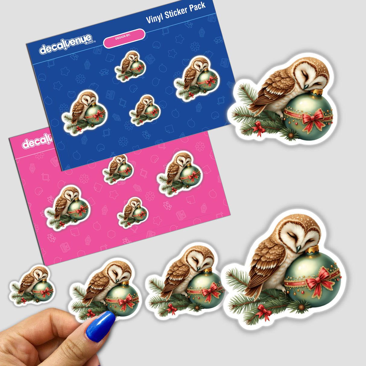 Sticker pack featuring an owl sleeping on a Christmas ornament, among various owl designs on branches and holding ornaments.