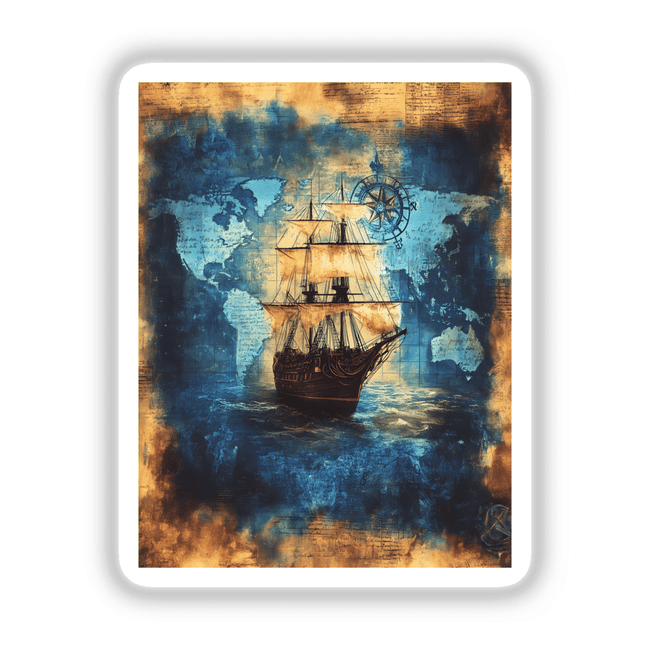 Pirate Ship on Vintage World Map: A detailed painting of an old ship with sails, smoke ascending, and a close-up of a compass.