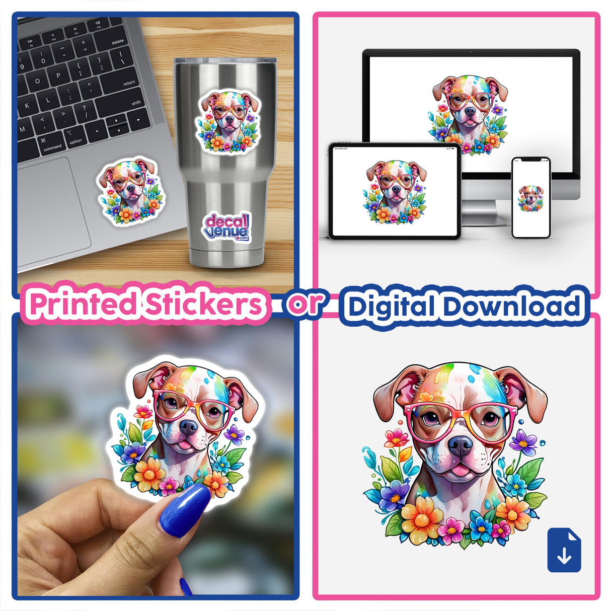 Collage showing a laptop with a sticker of a baby pitbull wearing reading glasses, emphasizing the detailed art available as stickers or digital artwork.