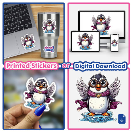 Superhero Penguin with Goggles and Wings on an Iceberg sticker collage, featuring a cartoon penguin in various settings, including a laptop, cup, and phone, showcasing versatility and charm.