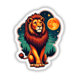 Cool Lion With A Starry Night sticker or digital artwork, featuring a cartoon lion against a night sky with a full moon and stars, capturing a whimsical, celestial theme.