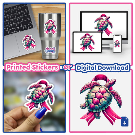 Turtle Pink Ribbon Breast Cancer: Collage featuring a turtle with a pink ribbon, available as stickers or digital artwork. Includes close-ups of stickers on cups, laptops, and hands.