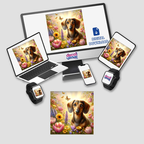 Dachshund in a Sunlit Flower Field Watercolor Illustration displayed on a computer monitor and laptop screen, available as unique stickers or digital artwork from Decal Venue.