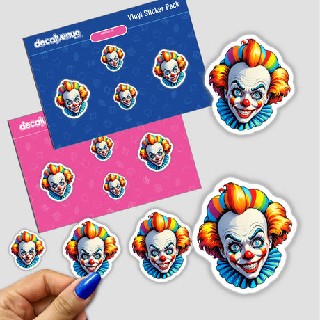 Crazy Clown Girl stickers featuring a cartoon clown with vibrant hair, presented close-up with a hand applying the sticker. Available at Decal Venue as stickers or digital artwork.