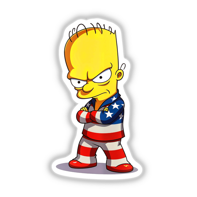 A cartoon character titled A Funny Guy With An American Flag Outfit with arms crossed, available as stickers or digital artwork from Decal Venue.