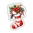 Festive Christmas Stocking: Cozy Sticker Design with Holiday Cheer featuring a red and white striped sock adorned with a red bow and holly leaves, perfect for seasonal decor.