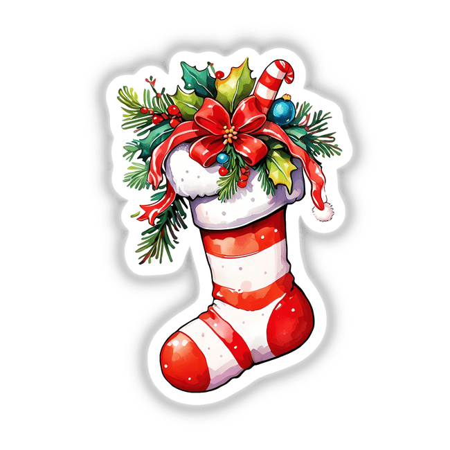 Festive Christmas Stocking: Cozy Sticker Design with Holiday Cheer featuring a red and white striped sock adorned with a red bow and holly leaves, perfect for seasonal decor.