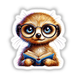 Cartoon illustration titled 'Meerkat With Reading Glasses Open Book,' depicting a meerkat engrossed in reading, available as stickers or digital artwork from Decal Venue.