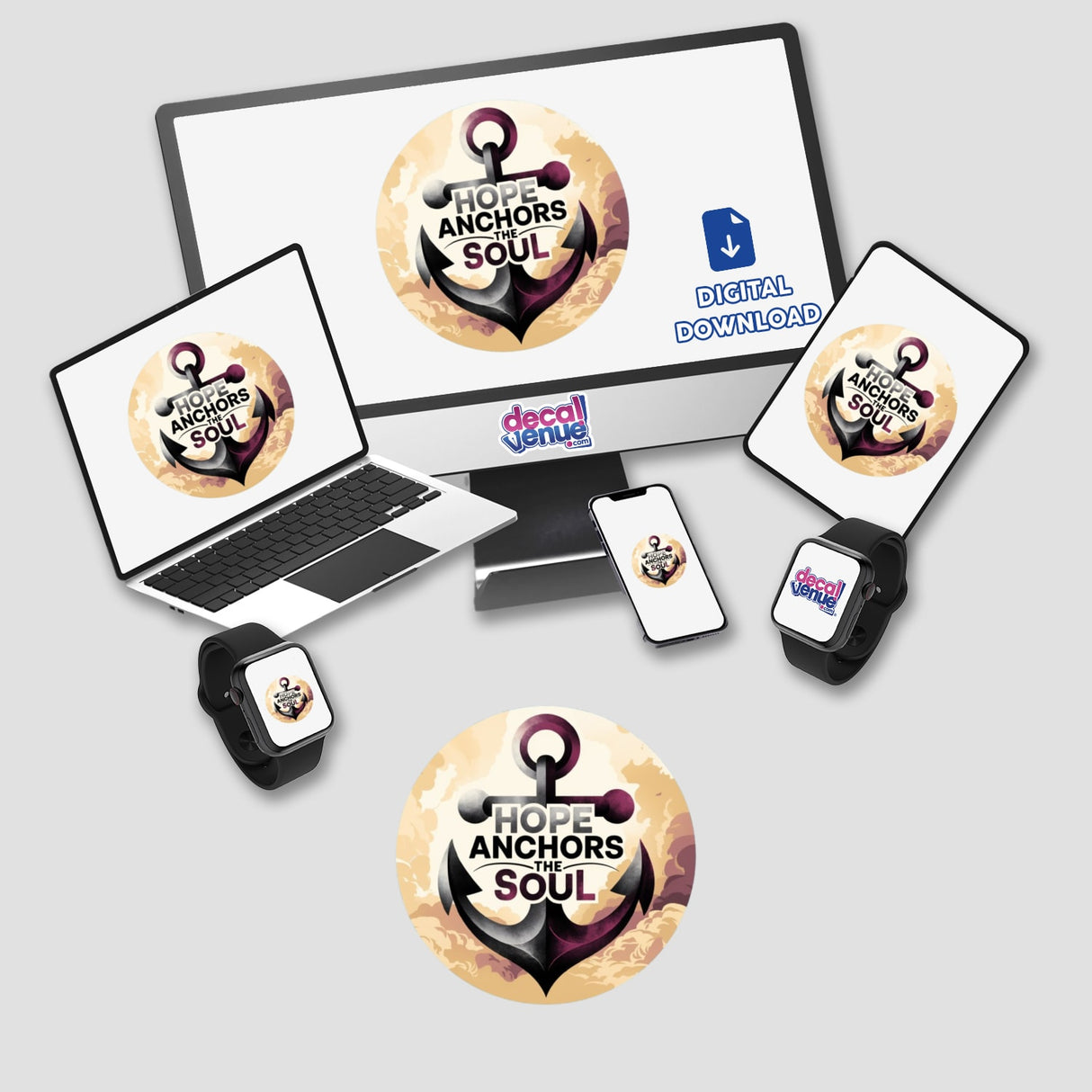 Hope Anchors the Soul Sticker & Clipart featuring a laptop and a monitor displaying a logo with an anchor and clouds, along with a watch and other devices.