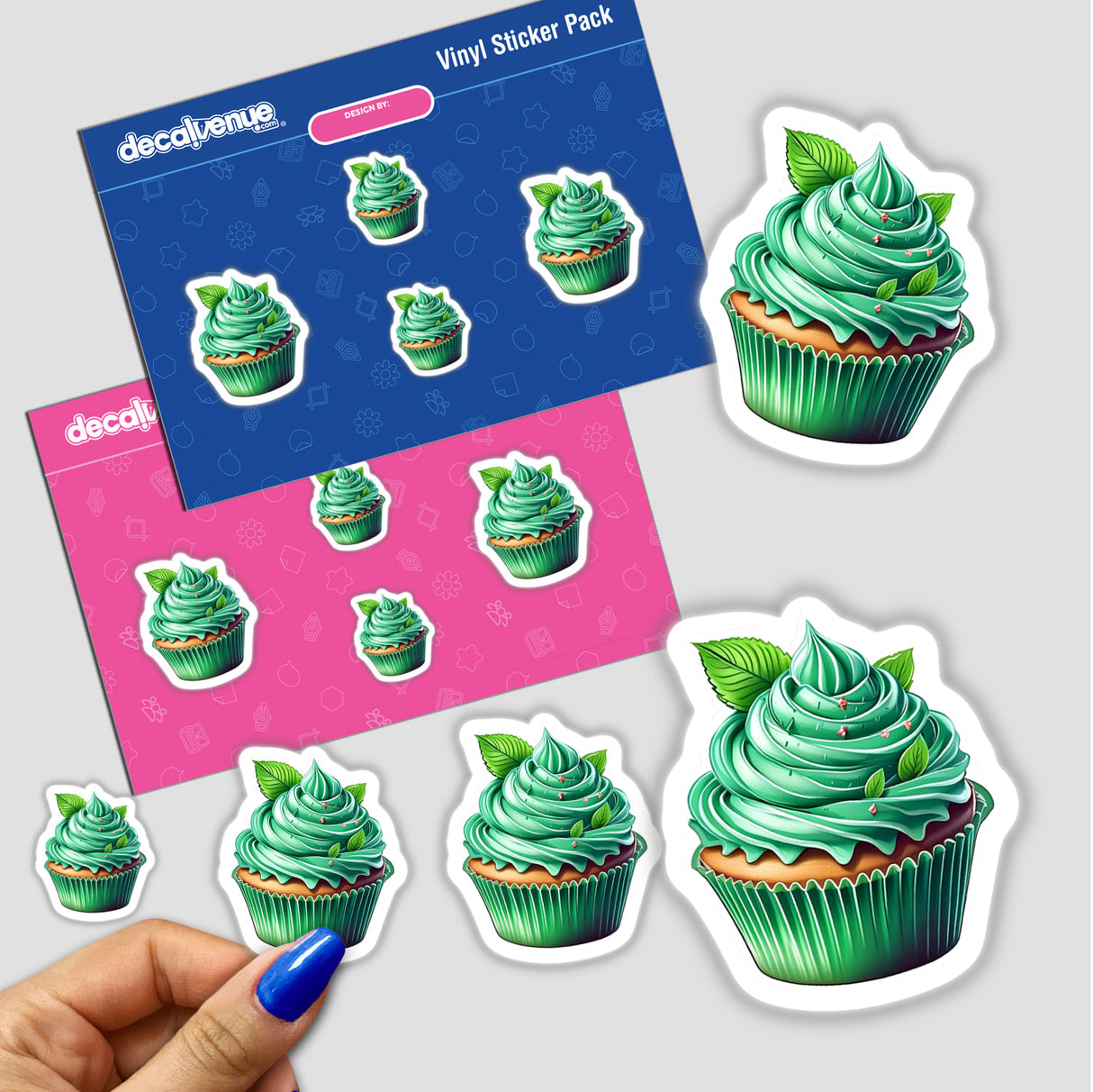 Colorful mint cupcake digital art stickers displayed on a Decal Venue product sheet, showcasing the vibrant green frosting and eye-catching design.