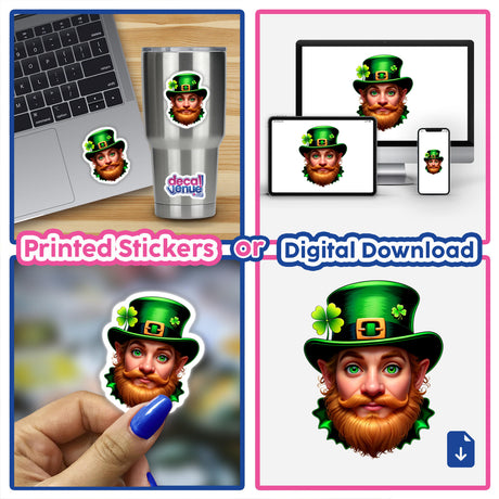 St. Patrick's Day Leprechaun stickers featuring a bearded leprechaun in a green hat, shown on various items like laptops and cups, embodying Decal Venue's unique sticker and digital art collection.