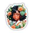 Diverse Beauty Sticker | Afro-Korean Portrait with Succulent Plants: A woman with curly hair adorned with flowers, blending artistic elements and human features. Available as stickers or digital artwork.