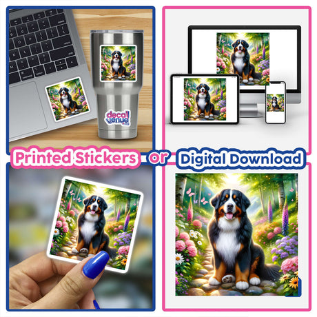 Bernese Mountain Dog on a Peaceful Mountain Trail Watercolor Illustration; features as a sticker on a laptop, showcasing a serene outdoor scene with a dog, available as stickers or digital artwork.