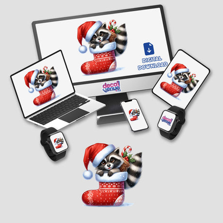 Cute Santa Raccoon in Christmas Stocking depicted on various tech gadgets like a laptop and smartphone, emphasizing its availability as stickers or digital artwork, capturing a playful holiday theme.