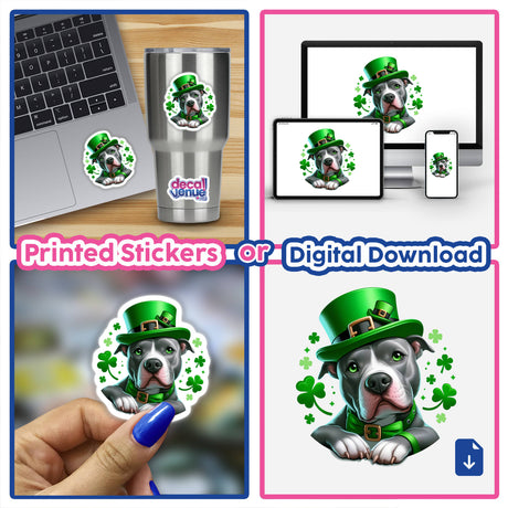 Sitting Pretty Irish Clovers Pitbull Leprechaun sticker featuring a cartoon dog in a green hat, perfect for laptops. Available as stickers or digital artwork.