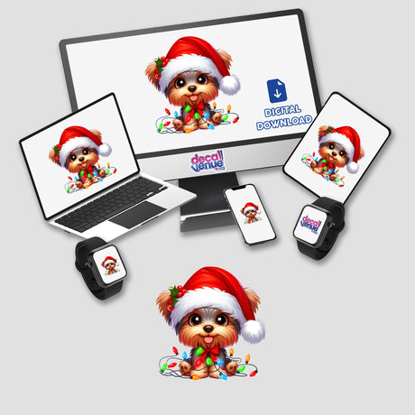 Christmas Santa Yorkie Dog in Lights on a computer monitor and laptop screen. The cartoon dog wears a Santa hat, surrounded by festive lights, available as stickers or digital artwork.