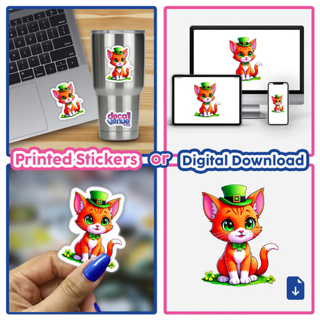 St. Patrick's Day Kitten stickers featuring a cartoon orange cat in a green hat, available as decals or digital artwork, shown on a laptop and held in hand.