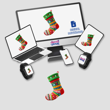 Stocking Ugly Christmas Sweater Style displayed on a computer monitor and laptop screens, featuring a festive sock design with reindeer and snowflakes, available as stickers or digital artwork.