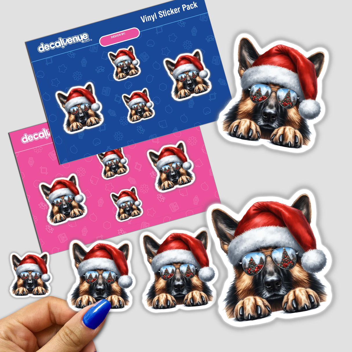 Resting Christmas Santa German Shepherd Dog II sticker features a cartoon German Shepherd wearing a Santa hat and sunglasses, available as stickers or digital artwork from Decal Venue.