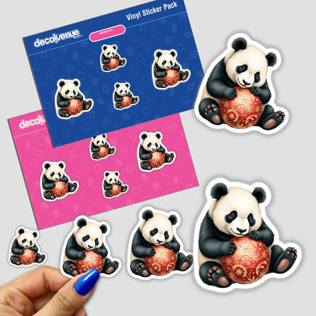 Panda Sleeping on Christmas Ornament sticker, featuring a cartoon panda holding a red ball. Available as stickers or digital artwork from Decal Venue, known for unique designs.