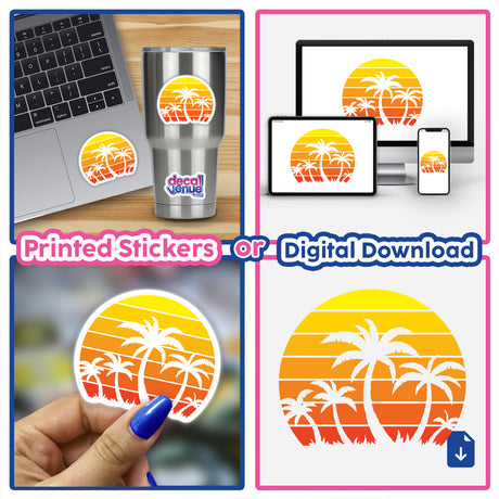 Retro Vintage Sunset And Palm Trees design featuring palm trees and a sunset, available as stickers or digital artwork. Collage includes laptop with design and close-up of the decal.