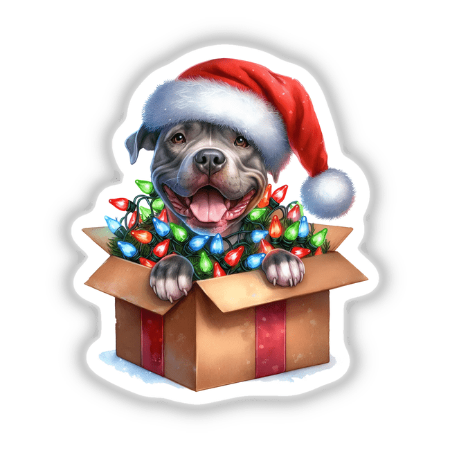 Santa Pitbull Dog in a Christmas Box II: A pitbull wearing a Santa hat sits in a festive box adorned with Christmas lights, available as stickers or digital artwork from Decal Venue.