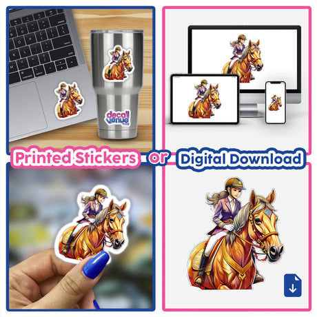 Colorful equestrian sticker with rider and horse, digital artwork available for download, Decal Venue store collection.