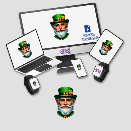 St. Patrick's Day Leprechaun digital artwork featuring a leprechaun with a green hat on a computer monitor and laptop screen. Available as stickers or digital art from Decal Venue.