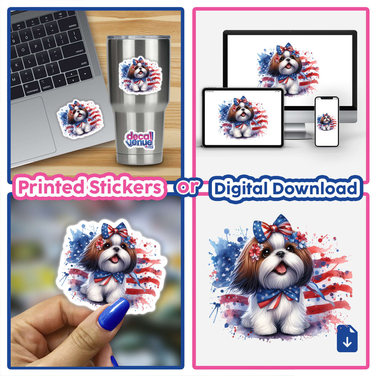 Collage featuring the Patriotic Shih Tzu Dog American Flag Splatter design, seen on stickers, laptops, and cups, emphasizing a Shih Tzu with a bow in various settings.