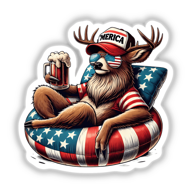 Cartoon of a deer in sunglasses and a hat holding a beer, titled Deer American Flag Float Merica, available as stickers or digital artwork from Decal Venue.