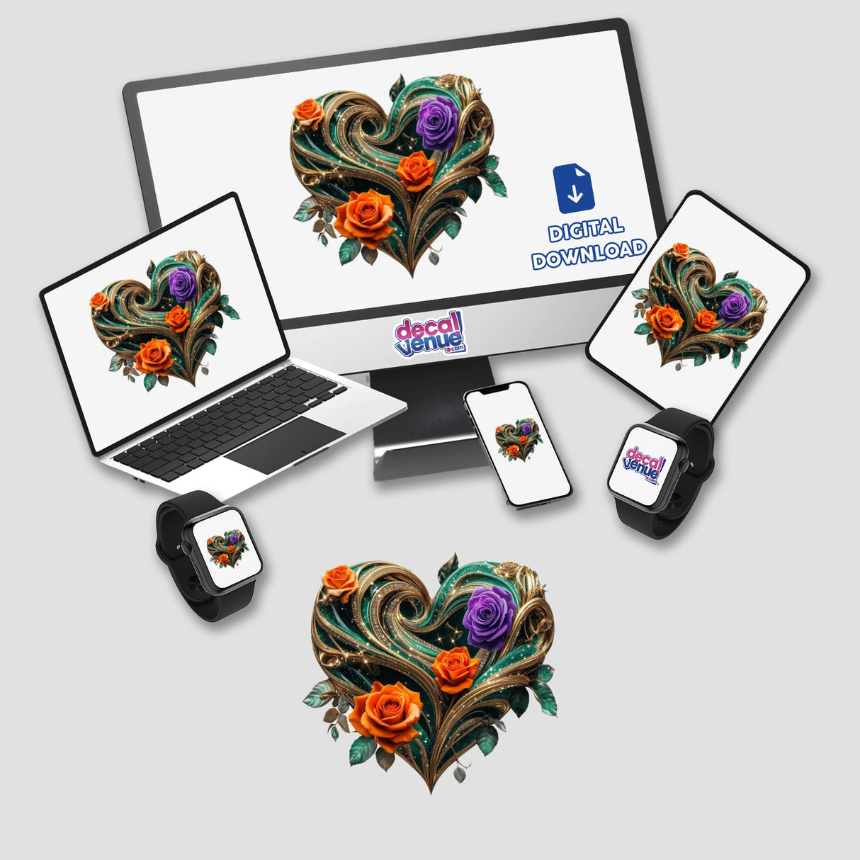 Emerald Gold Heart with Orange and Purple Roses displayed on a computer monitor and laptop, showcasing unique digital artwork available as stickers from Decal Venue.