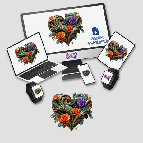 Emerald Gold Heart with Orange and Purple Roses displayed on a computer monitor and laptop, showcasing unique digital artwork available as stickers from Decal Venue.