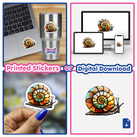 Snail Stained Glass Style sticker featuring a vibrant, spiral-patterned snail design, available as a sticker or digital artwork. Perfect for enhancing laptops, cups, and keyboards with unique flair.