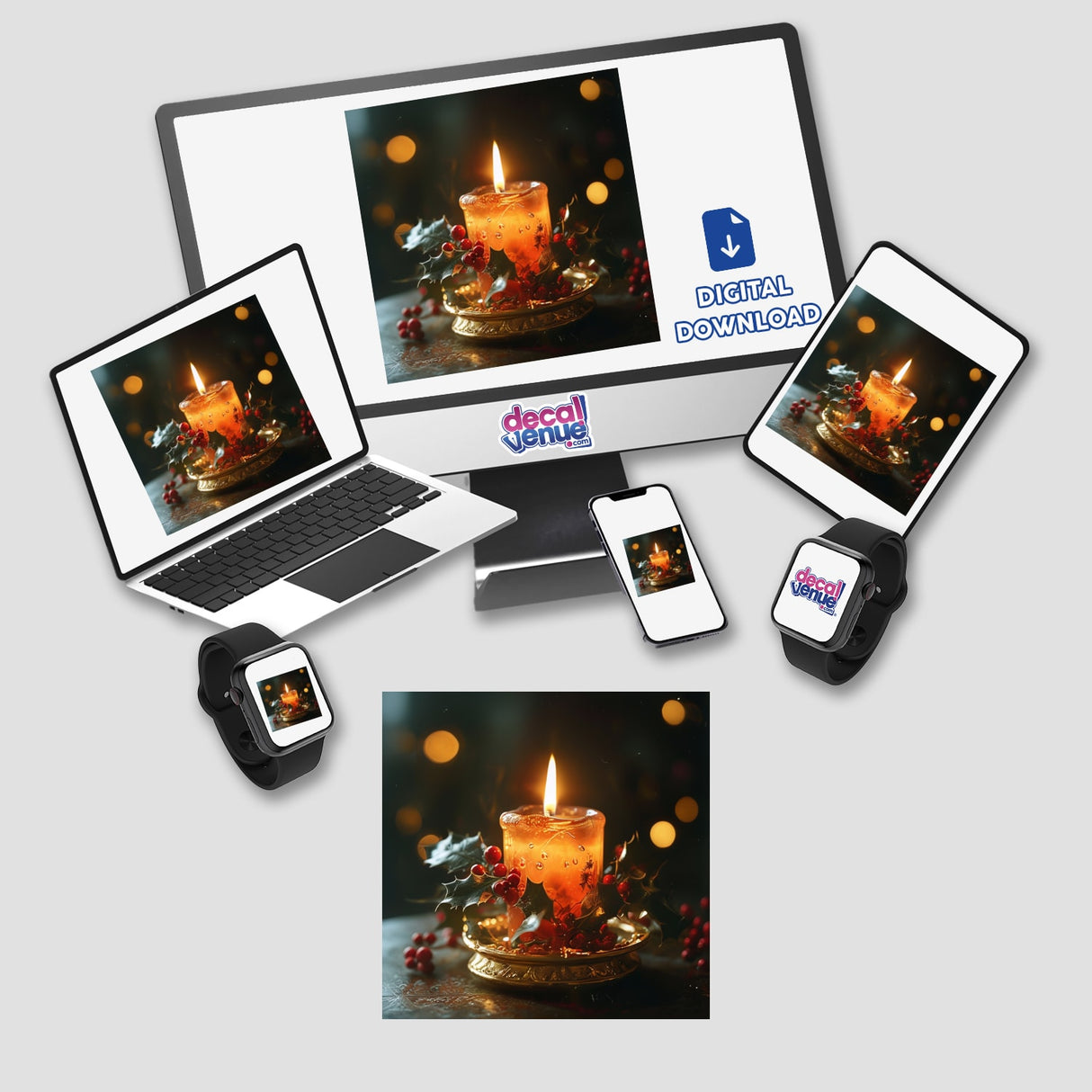 Holiday Candle Envelope Seal Stickers displayed on a laptop and smartwatch screen. These elegant seals enhance holiday cards and gifts, aligning with Decal Venue's unique sticker and digital art offerings.