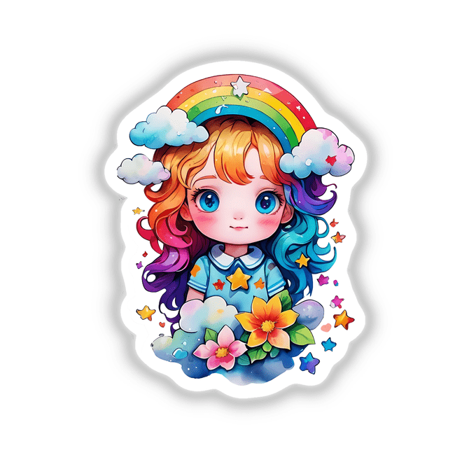 Rainbow & Stars Little Girl Sticker featuring a cartoon girl with rainbow hair, surrounded by flowers, stars, and a rainbow. Available as a sticker or digital artwork.