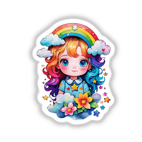 Rainbow & Stars Little Girl Sticker featuring a cartoon girl with rainbow hair, surrounded by flowers, stars, and a rainbow. Available as a sticker or digital artwork.